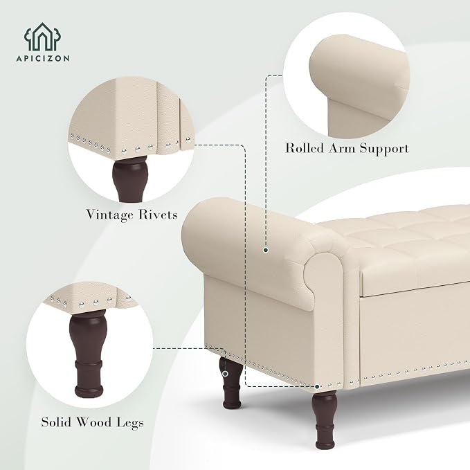 Apicizon 51” Bench with Storage, Faux Leather Ottoman Bench with Rolled Arm & Vintage Rivets, End of Bed Bench for Bedroom, Living Room, Entryway, Beige+Brown Legs