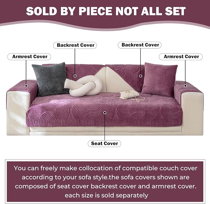 Soft Plush Geometric Quilted Couch Sofa Cover Boho Non Slip Fuzzy Sectional Couch Cover Solid Color Washable Sofa Slipcover Furniture Protector for Kids Dogs Cats (Purple,28"x59")