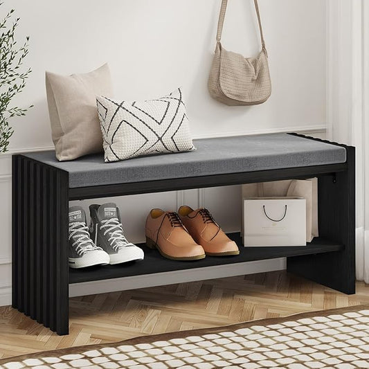 BON AUGURE 40" Entryway Shoe Bench with Storage & Cushion, Modern Fluted Shoe Rack for Mudroom, Sturdy Wooden Hallway Bench with 360 lbs Capacity, Black Oak