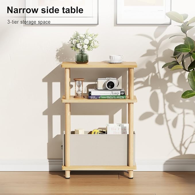 Apicizon Small Narrow Side Table, 3-Tier Skinny End Table for Small Spaces, Slim Nightstand with Fabric Basket, Bedside Table for Living Room, Bedroom, Natural