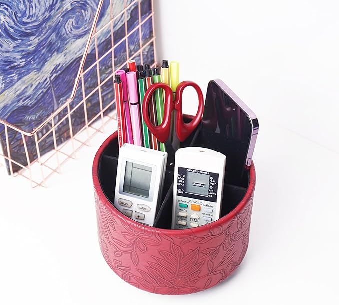 Round Leather Art Supply Organizer,Remote Control Holder,360 Degree Spinning,Multi-Functional Pencil Holder,4 Compartments Desktop Stationary Organizer(1-Carved Red)