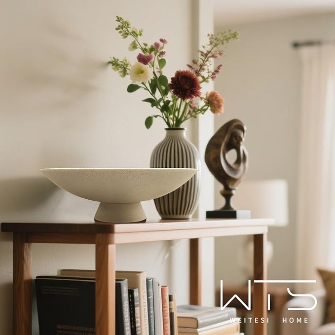 Large Decorative Fruit Bowl for Kitchen Counter, Modern Resin Pedestal Bowl for Home Decor, Stylish Key Bowl for Entryway Table, Decorative Bowl for Coffee Table Decor, Artificial Stone Beige