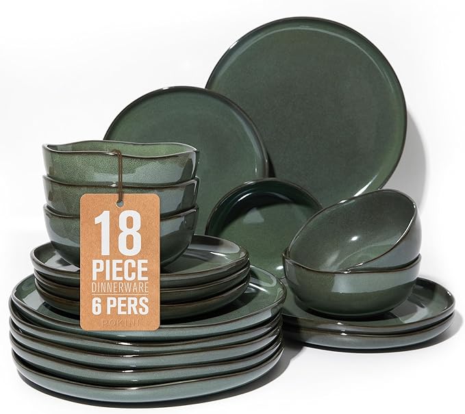 Pokini Plates and Bowls Sets for Family of 6, Ceramic Dinnerware Sets, Kitchen Dish Set, Microwave & Dishwasher Safe Dishware, Highly Durable Reactive Glazed Dinner Set, Forest Green