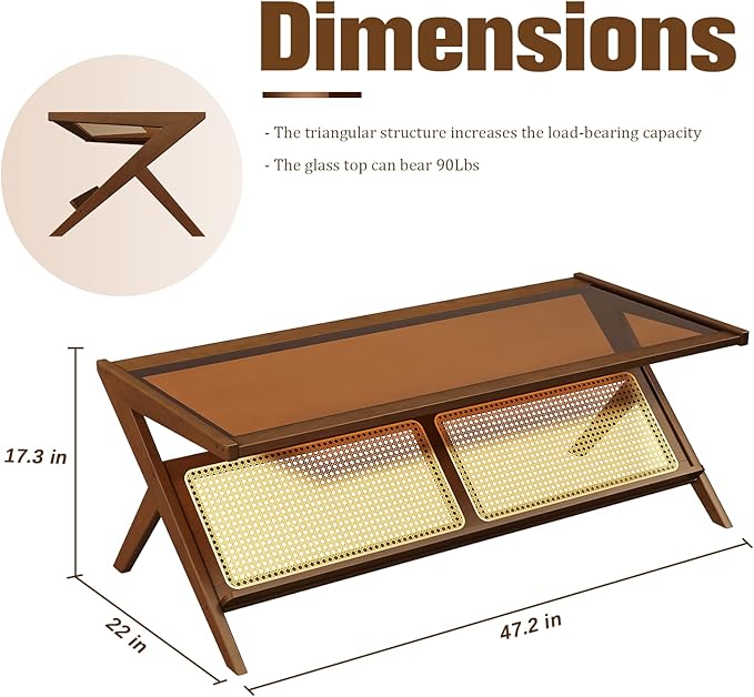 Bamworld Rattan Coffee Table with Glass Top Mid-Century Modern Center Table with Storage for Living Room Table Brown