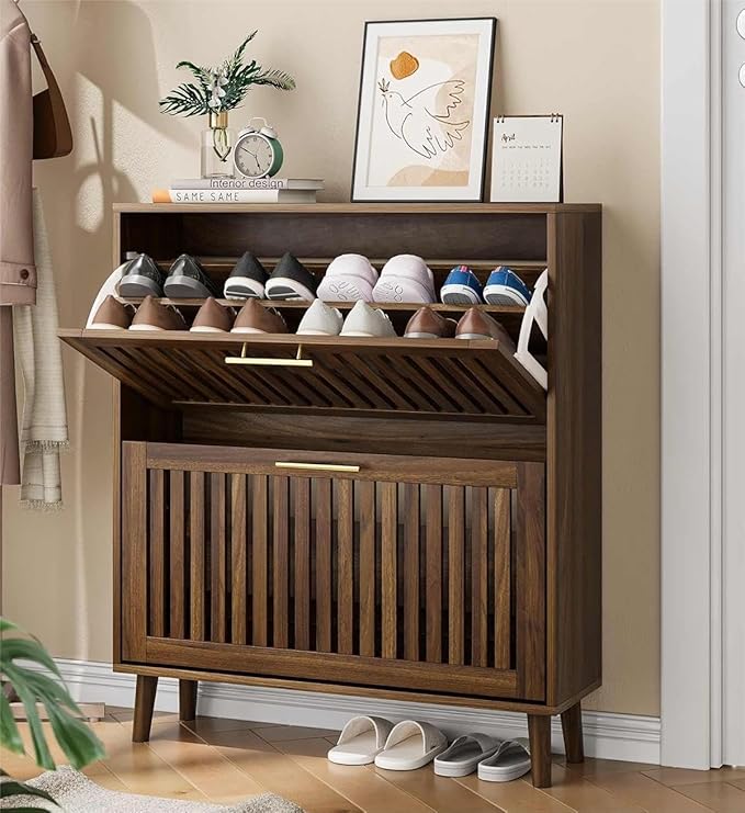 Shoe Cabinet for Entryway, Slim Wooden Shoe Storage Cabinet with 2 Flip Louvered Drawers, Freestanding Shoe Rack Organizer Cabinet for Hallway, Living Room, Walnut (31.5''W)
