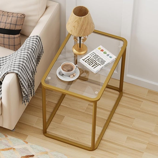 Garden 4 you Glass Side Table, Rectangle End Table with Metal Frame, Modern Bedside Table for Office, Bedroom, Living Room, Study,Small Spaces,Easy Assembly,23.6x15.7x20.8 Inches,Gold