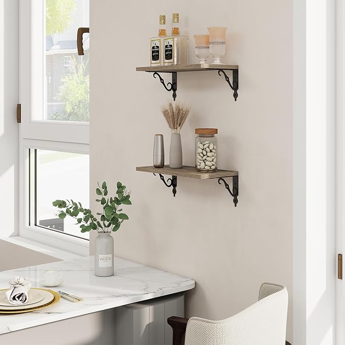 RICHFOCUS Floating Shelves for Wall Decor, 8 Inch Deep Shelves Set of 2, 16W x 8D Floating Shelves Wall Mounted with Metal Brackets, Rustic Wood Shelves for Living Room Bedroom Kitchen, Grey