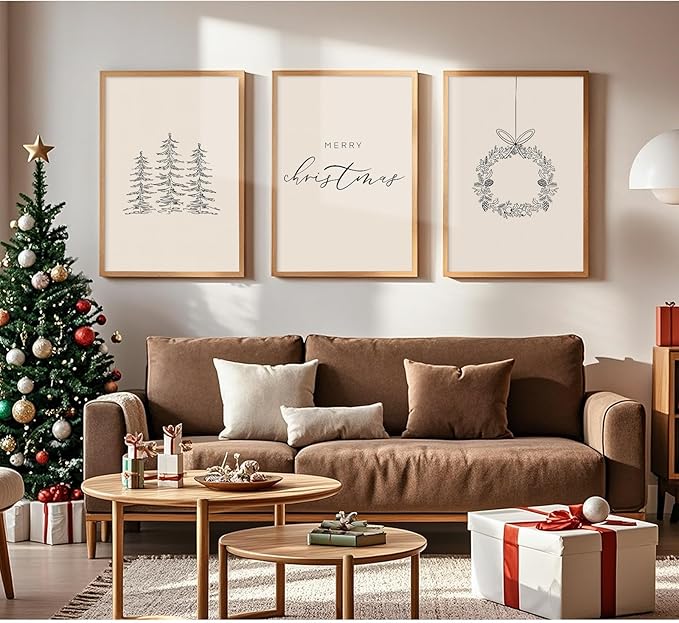 Baccone Christmas Wall Art Winter Xmas Canvas Decor Merry Christmas Wall Art Minimalist Vintage Painting Beige Farmhouse Prints Holiday Poster for Bathroom 16x24x3 Inch Unframed