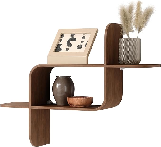 Umbra Montage Floating Wall Shelf Display Case, Made of Natural Bent Wood, Light Walnut
