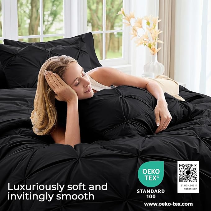 Sasttie California King Comforter Set, 7-Piece Bed in a Bag, Pintuck Bedding Sets for All Season, Includes Comforter, Flat Sheet, Fitted Sheet, Pillowcases and Pillowshams, Black