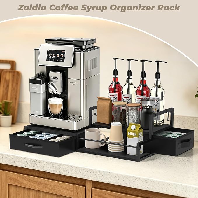 Coffee Syrup Organizer for Countertop, 2-Tier Coffee Bar Organizer with K Cup Storage Drawer, Syrup Rack Station for Accessories,Table Holder Stand for Wine,Tea,Condiment (Large, Classic Black)