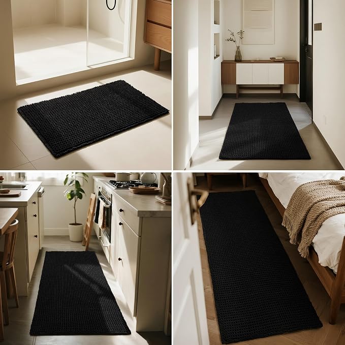 Triohero Waffle Runner Bath Mat - Long Bathroom Rugs Non Slip Washable, Ultra Soft Super Absorbent Quick Dry Boho Farmhouse Bathroom Decor, 24" x 60"', Black