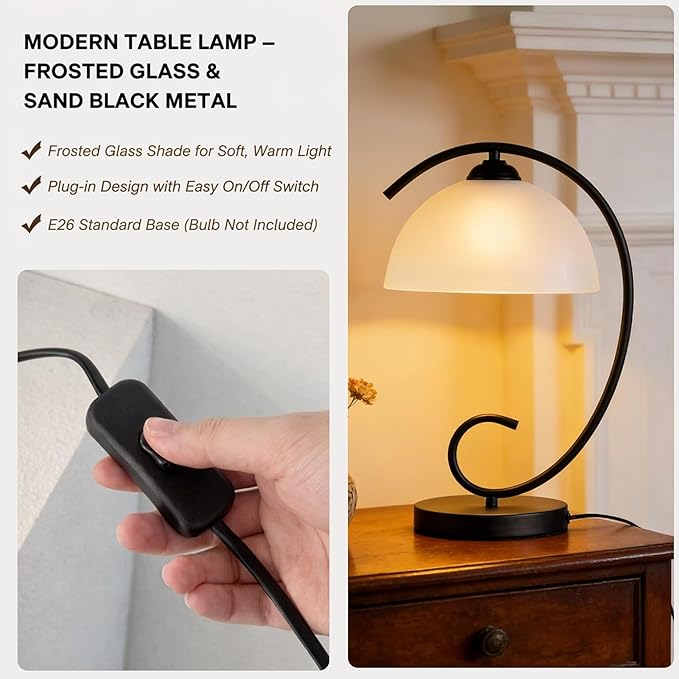 Modern Bedside Table Lamp with Frosted Glass Dome Shade, Sand Black Metal Base, E26 Socket, Plug-in with On/Off Switch for Bedroom, Living Room – No Bulb Included