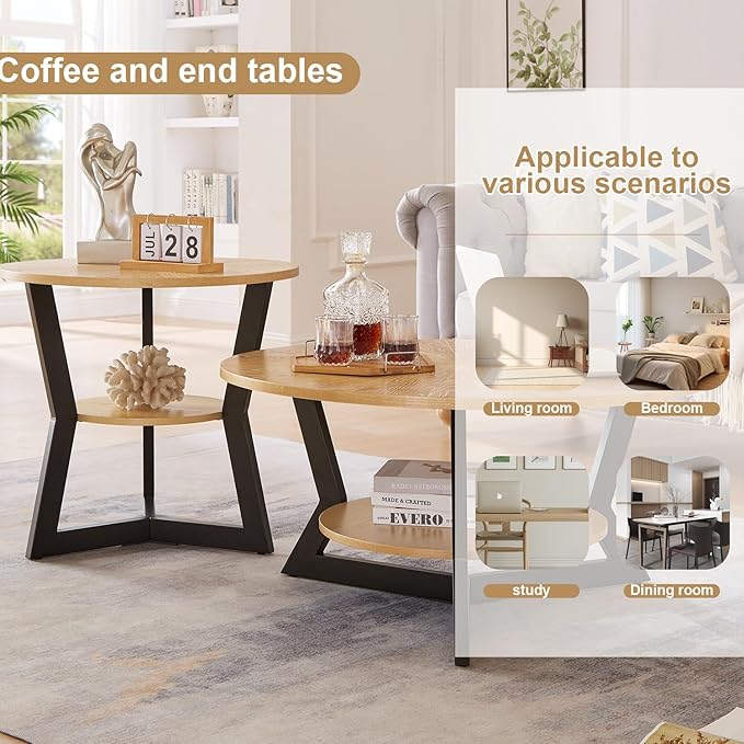 Round Coffee Table, Wood Circle Coffee Table with 2-Tier Storage, Center Table for Living Room Bedroom Office Apartment, Easy Assembly, 35'x 18'Inches, Light Brown