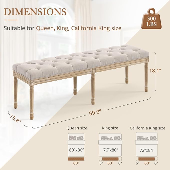 LUE BONA 60" Fabric End of Bed Bench, Upholstered Tufted French Bedroom Bench with Carved Legs for Bedroom End of King Size Bed, Living Room, Linen