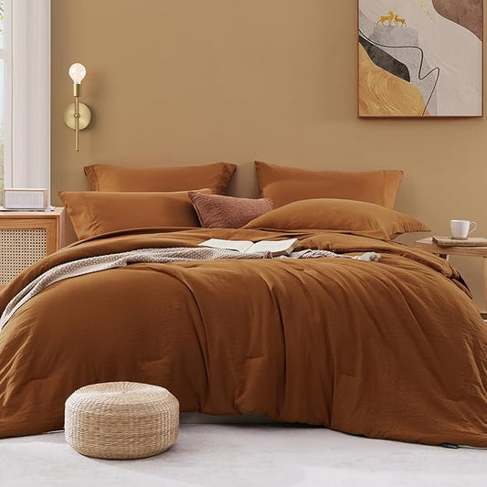 WRENSONGE Super King Comforter Set- 7 Pieces Terracotta Bed in a Bag Super King with Fitted Sheet, Flat Sheet, 2 Shams, and 2 Pillowcases- Warm Bedding Sets for All Season