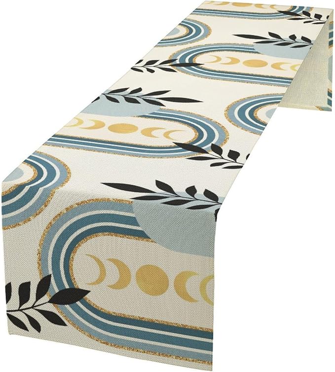 YCness Boho Mid Century Abstract Table Runner Modern Sun Moon Phase Minimalist Aesthetic Leaves Arch Geometric Blue Grey Table Runner for Dining Party Table Decor, 13x120 Inch