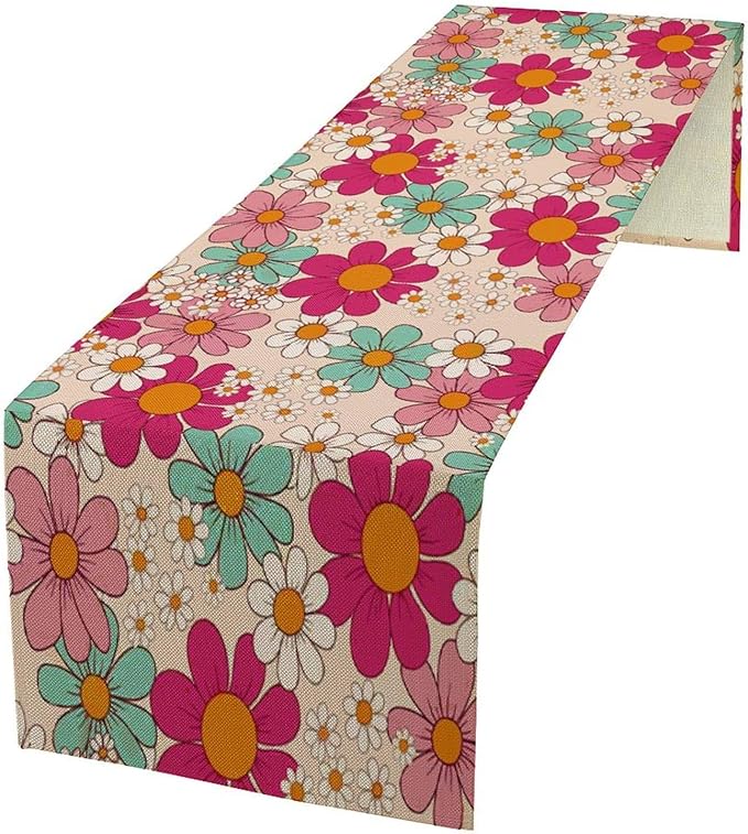Retro Florals Table Runner Vintage Gardern Flowers Groovy Hippie Seasonal Spring Farmhouse Abstract Country Dinner Runner for Home Kitchen Dining Table Party Holiday Decor 13"x60"