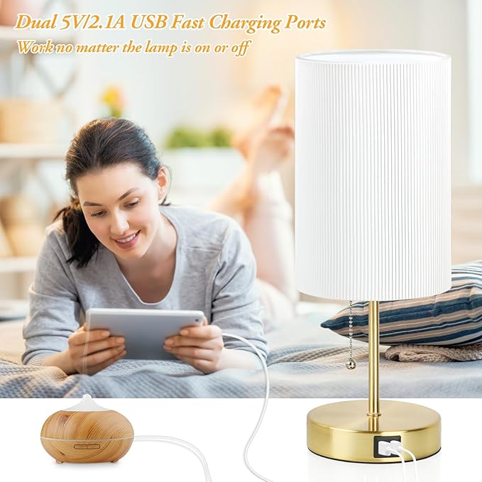 Lakumu 2 Sets Table Lamps with 2 USB, Minimalist Beside Lamps for Bedroom, Nightstand Lamp with Pull Chain, Desk Lamps with White Pleated Shade and Gold Metal Base for Living Room Dorm Reading Hotel