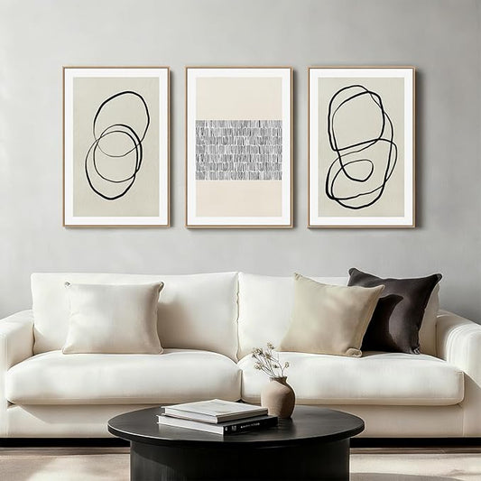 Abstract Boho Wall Art Set - Modern Boho Geometric Framed Canvas Prints, Neutral Mid-Century Graffiti Inspired Decorative Wall Decor for Living Room, Bedroom, Office - 16"x24"x3