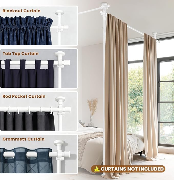 No Drill Curtain Rods for Room Divider, Adjustable Tension Rod 35-100" W x 43-120" H, for Partition Room Dividers,White