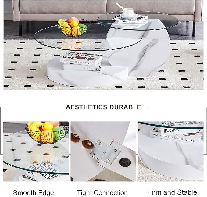 42" Glass Coffee Table, Round Coffee Table, Modern Double Layer Round Glass Coffee Table for Living Room, White