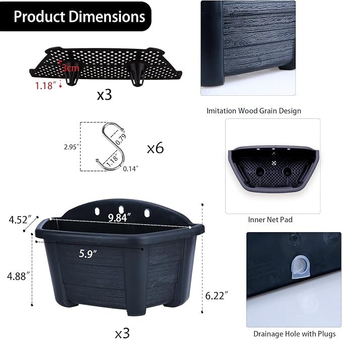 summer flower 3 Pack Hanging Planters for Railing, 9.84 Inch Plastic Window Box with Drain Hole Plug, Indoor Outdoor Flower Pots for Balcony Fence Garden Decor (Black)