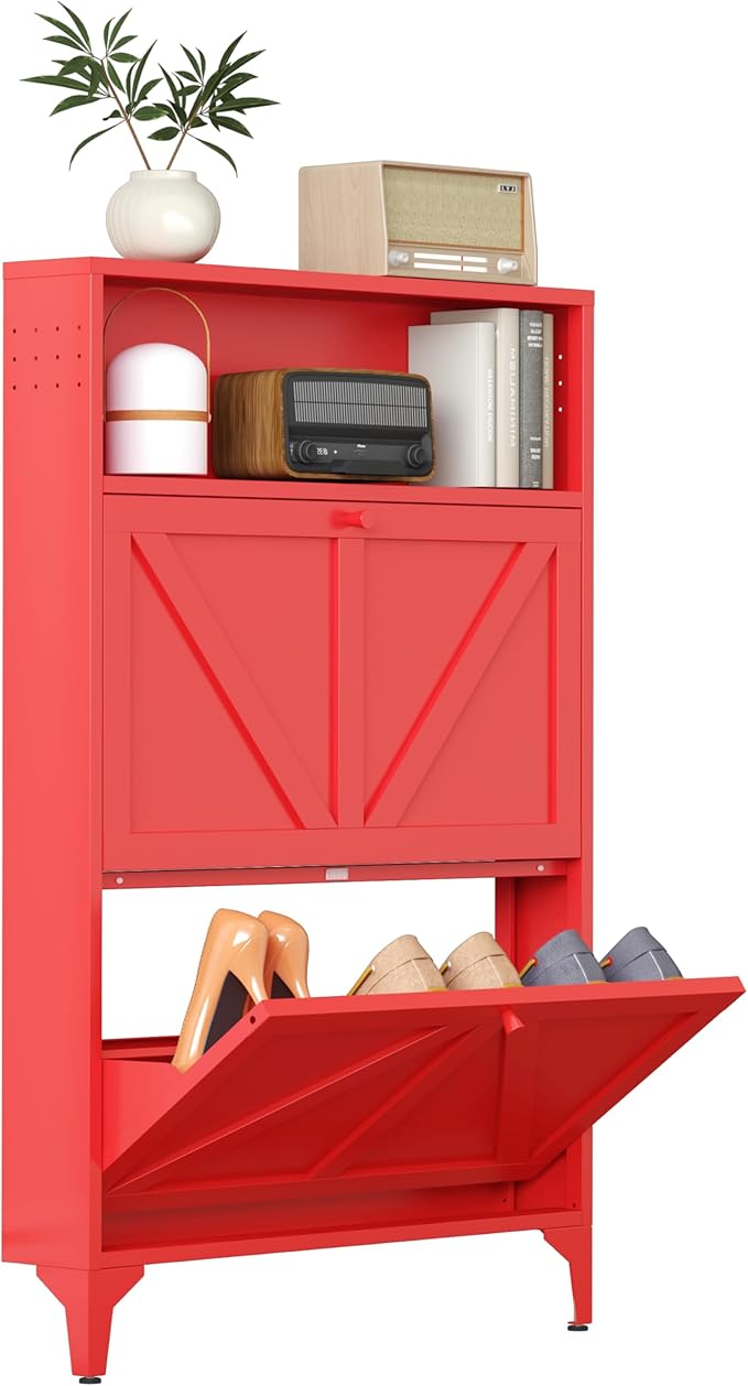Shoe Storage Cabinet for Entryway with 2 Flip Drawers, Freestanding Shoe Organizer with Legs,Farmhouse Narrow Shoe Storage Cabinet for Entryway, Foyer,Living Room (2-Doors, Red)