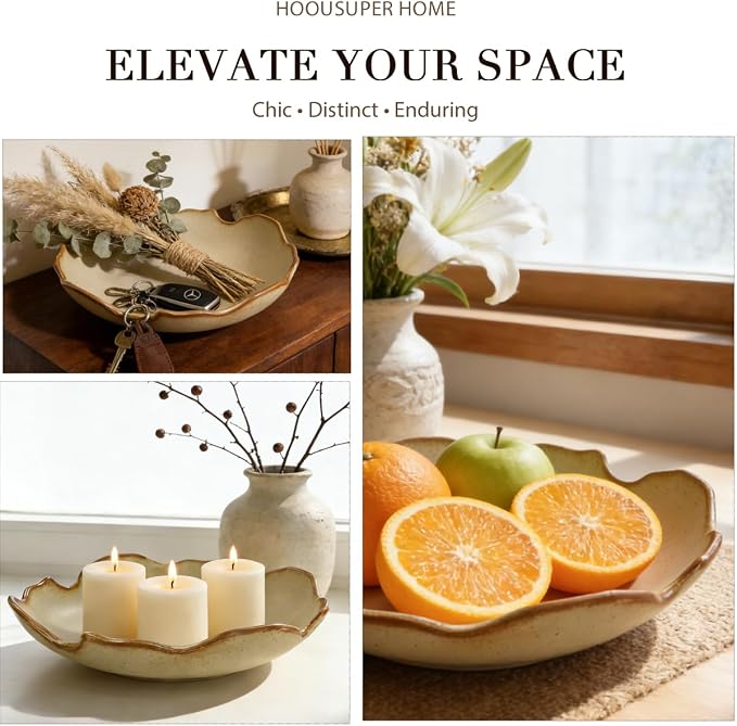 Decorative Bowl, Ceramic Fruit Bowl For Kitchen Counter, Purse Bowl For Dining Table Centerpiece Decor, Key Bowl For Entryway Table Coffee Table Top, Stone Large Luxury Bowls For Home, 9.8"X2.2"