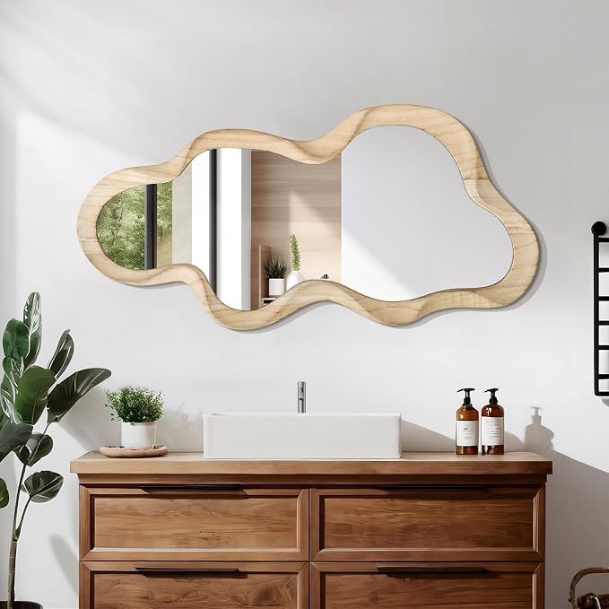 Large Asymmetrical Mirror Irregular Modern Cloud Wall Mirror Wood Frame Unique Shape Artistic Wall Mounted Vanity Mirror Decorative for Living Room Bedroom Bathroom Entryway Hallway