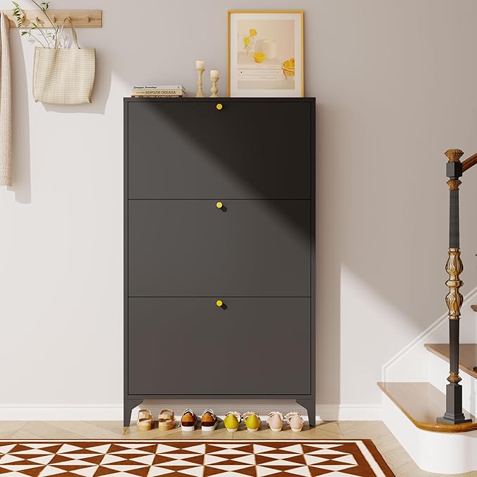 Slim Shoe Cabinet with 3 Flip Drawers,Narrow Shoe Cabinet,Freestanding Organizer,Metal Hidden Shoe Storage for Entryway,Hallway,Living Room(Width 27.56, Black)
