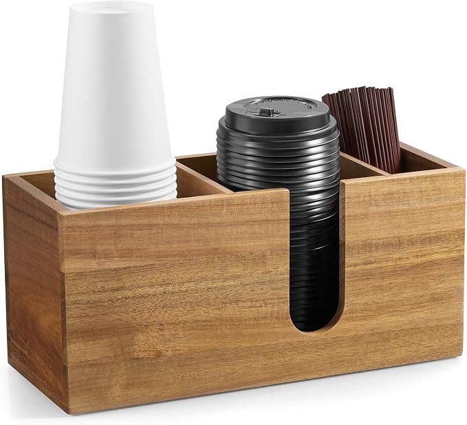 ALELION Large Acacia Wood Coffee Cup Organizer for Disposable Cups, Lids and Stir Sticks - 3-Compartment Countertop Cup Holder Storage Rack for Coffee Station, Kitchen, Office
