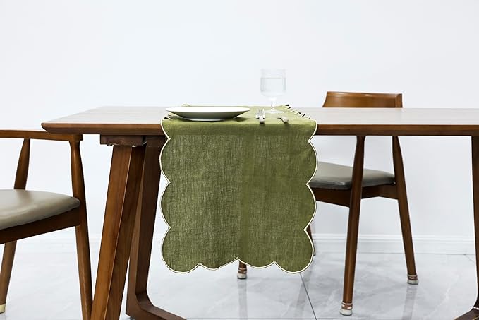 100% Natural Linen Rustic Scalloped Embroidery Table Runner 36 Inches, Linen Table Runner 14 x 36 Inch Ideal for Dresser and Dining Tables Decor, 1-2 Sets, 14x36'', Olive Green(Edges-Gold)