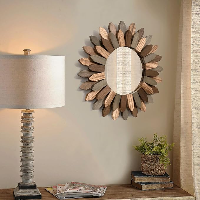 Honiway Boho Wall Decor Mirror 2 Pack 12 inch Rustic Wood Decorative Mirror for Room Decor Rustic Farmhouse Wall Decor for Bedroom Bathroom Living Room Entryway Tril Color