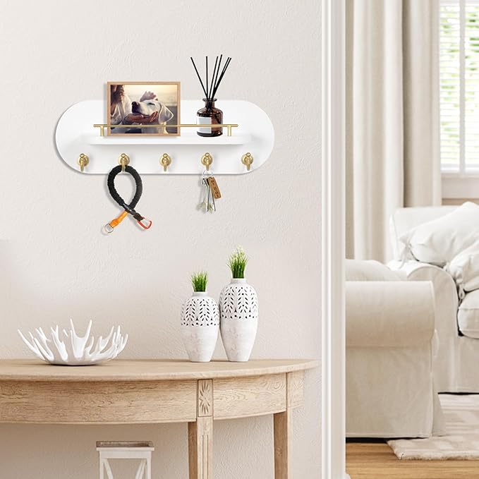 SANY DAYO HOME Key Holder Wall Mount White Wood Entryway Rack with 5 Gold Hooks, Metal Shelf Guardrail for Key Organizer, Living Room Decor (Oval, 14" x 5")