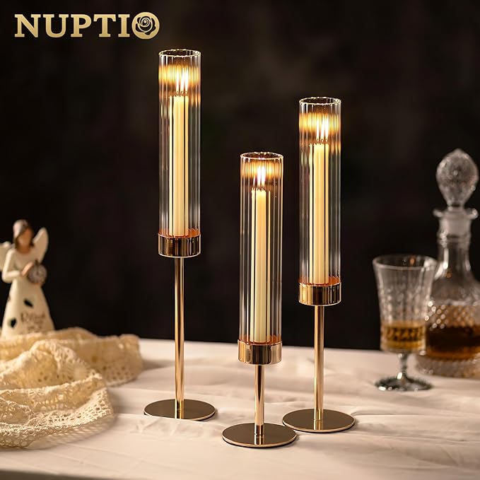 NUPTIO Hurricane Glass Candles Holder: 18 Pcs Gold Taper Candle Stick Holder Bulk - Modern Candlestick Decor with Tall Ribbed Chimney Sleeve for Thanksgiving Christmas Centerpiece