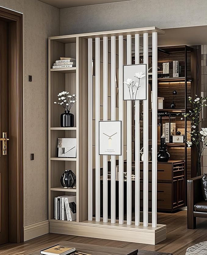 Wall Room Divider, Storage Cabinet Storage Display with Shelves, Modern Freestanding Wood Room Divider Screen, Wall Privacy Screens for Home Decorative (Beige+White,47" L x 9.5" W x 79.5" H)