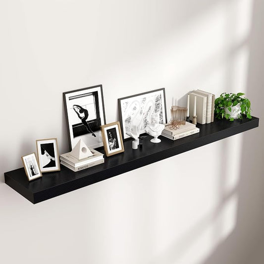 Venusmiles Floating Shelves for Wall 72 inch Long, Engineered Wood Large Wall Shelves with Invisible Brackets for Living Room Bedroom Bathroom Office Kitchen Decor and Storage, Black Finish, Set of 1