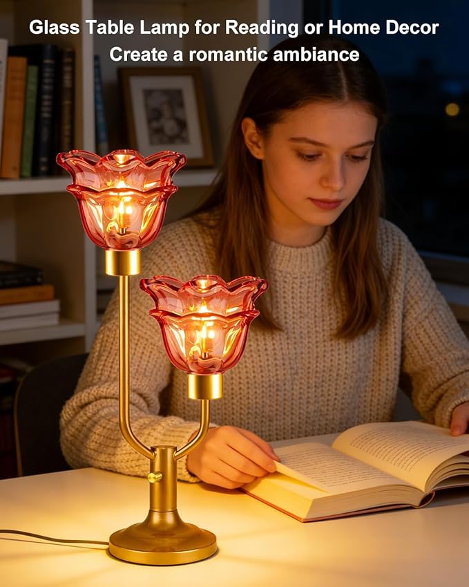 Lightdot Mid Century Modern Flower Glass Table Lamp Gold Dimmable Red Desk Lamps 2 Bulbs Included 3000K Warmwhite Bedside Nightstand Ambiance Lamp for Living Room Bedroom