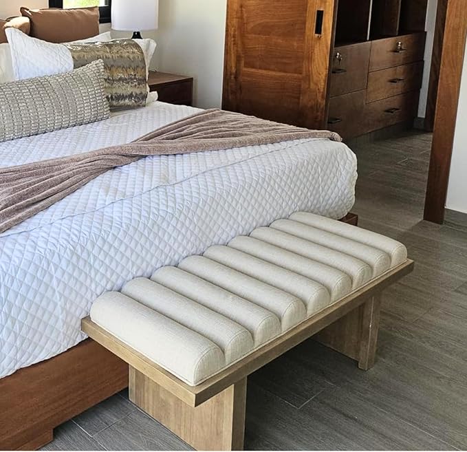 HEAH-YO Modern Bedroom Bench,47 Inches Upholstered Entryway Bench for Bedroom End of Bed with Cylindrical Cushion/Brown Wood Leg,Window Ottoman for Living Room Hallway,Linen Beige