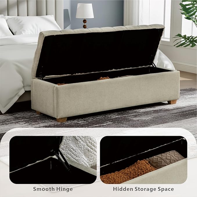 Chifee & Vingol 60" Ottoman with Storage Oversized End of Bed Storage Bench Upholstered Benches for Entryway, Living Room, Bedroom-Beige