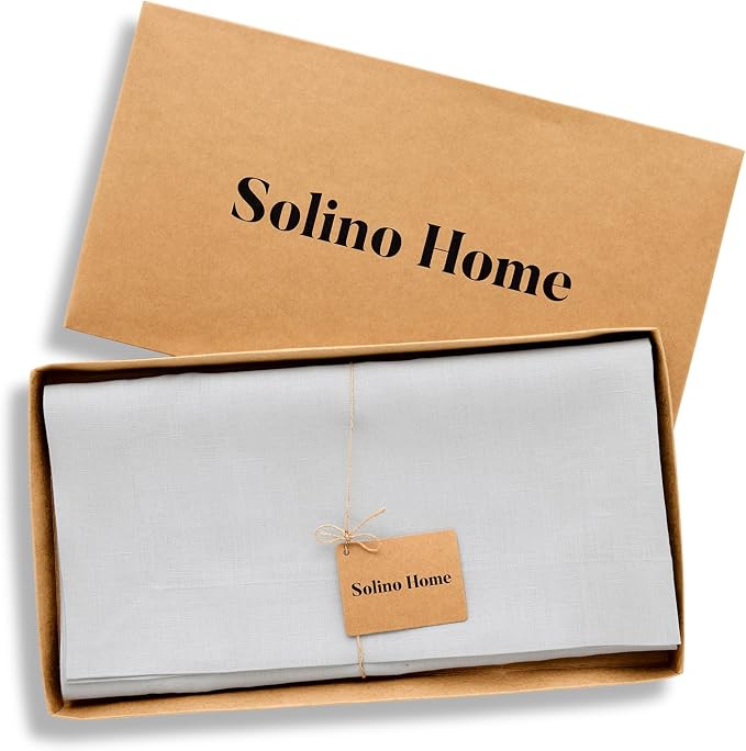 Solino Home Linen Tablecloth 52 x 52 Inch - 100% Pure Linen Silver Cloud Square Tablecloth - Fete, Machine Washable Table Throw