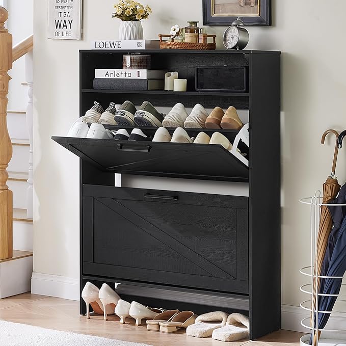 RWYHG Shoe Cabinet Storage for Entryway with 2 Flip Drawers Open Storage Layer Rack Narrow Organizer Slim Hidden Wood Shoe Cabinet Furniture Black