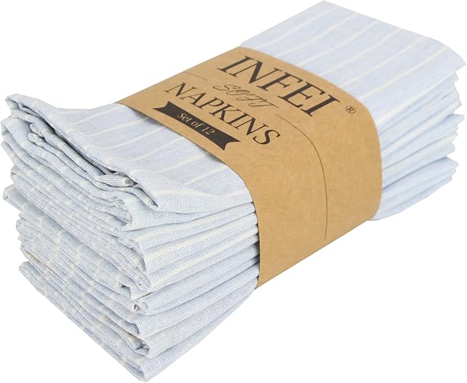 White Striped Linen Cotton Dinner Cloth Napkins - Set of 12 (40 x 30 cm) - for Events & Home Use (Sky Blue)
