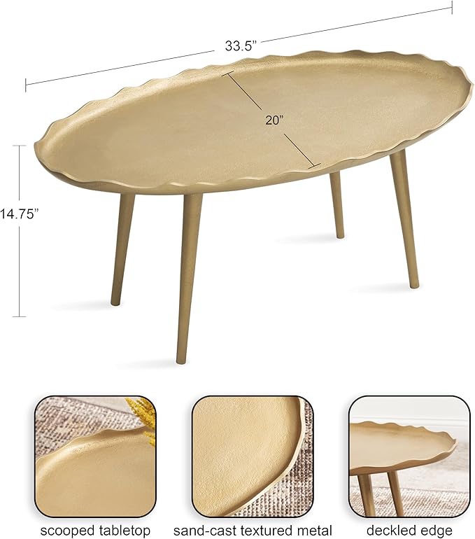 Kate and Laurel Alessia Modern Glam Oval Coffee Table; 34 x 20 x 15; Gold; Metal Living Room Table for Storage and Display with Antique Deckled Edge Detailing