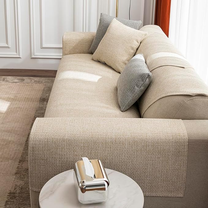 vctops Rustic Linen Textured Couch Sofa Cover Solid Color Non Slip Sectional Couch Covers Soft Sofa Slipcover for Dogs, Children, Pets Furniture Protector (Beige,43"x94")