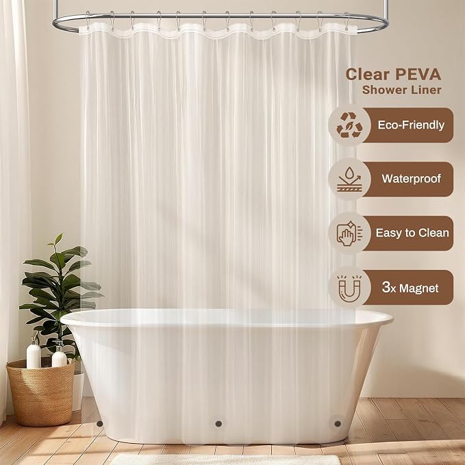 BTTN 3 in 1 Shower Curtain Set, Cream Linen Textured Fabric Shower Curtain and Clear Liner Set with Plastic Hook, Modern Hotel Luxury Weighted Waterproof Shower Curtain for Bathroom, Beige, 72x72