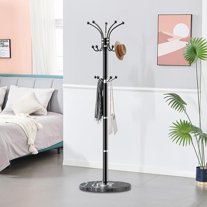 Snaikor Metal Coat Rack Stand with Natural Marble Base, Modern Coat Rack Freestanding, 360°Rotary Coat Racks with 14 Hooks, Heavy Duty Coat Hall Tree Hanger Stand for Entryway, Office