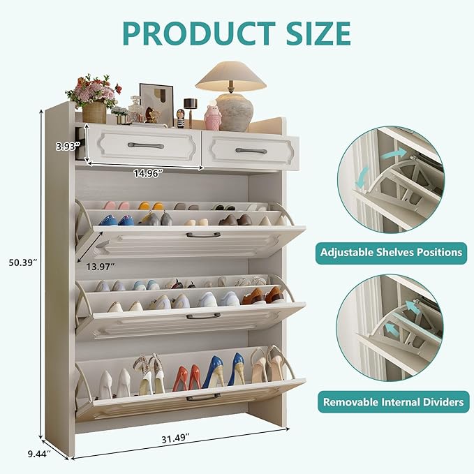 Shoe Cabinet with 3 Large Flip Drawers and 2 Storage Drawers, Narrow Shoe Organizer Cabinet Fits for Kinds of Shoes, Hidden Shoe Storage Cabinet for Entryway, Hallway, White