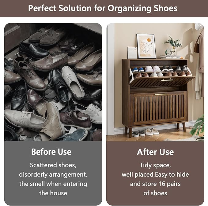 Shoe Cabinet for Entryway, Slim Wooden Shoe Storage Cabinet with 2 Flip Louvered Drawers, Freestanding Shoe Rack Organizer Cabinet for Hallway, Living Room, Walnut (31.5''W)